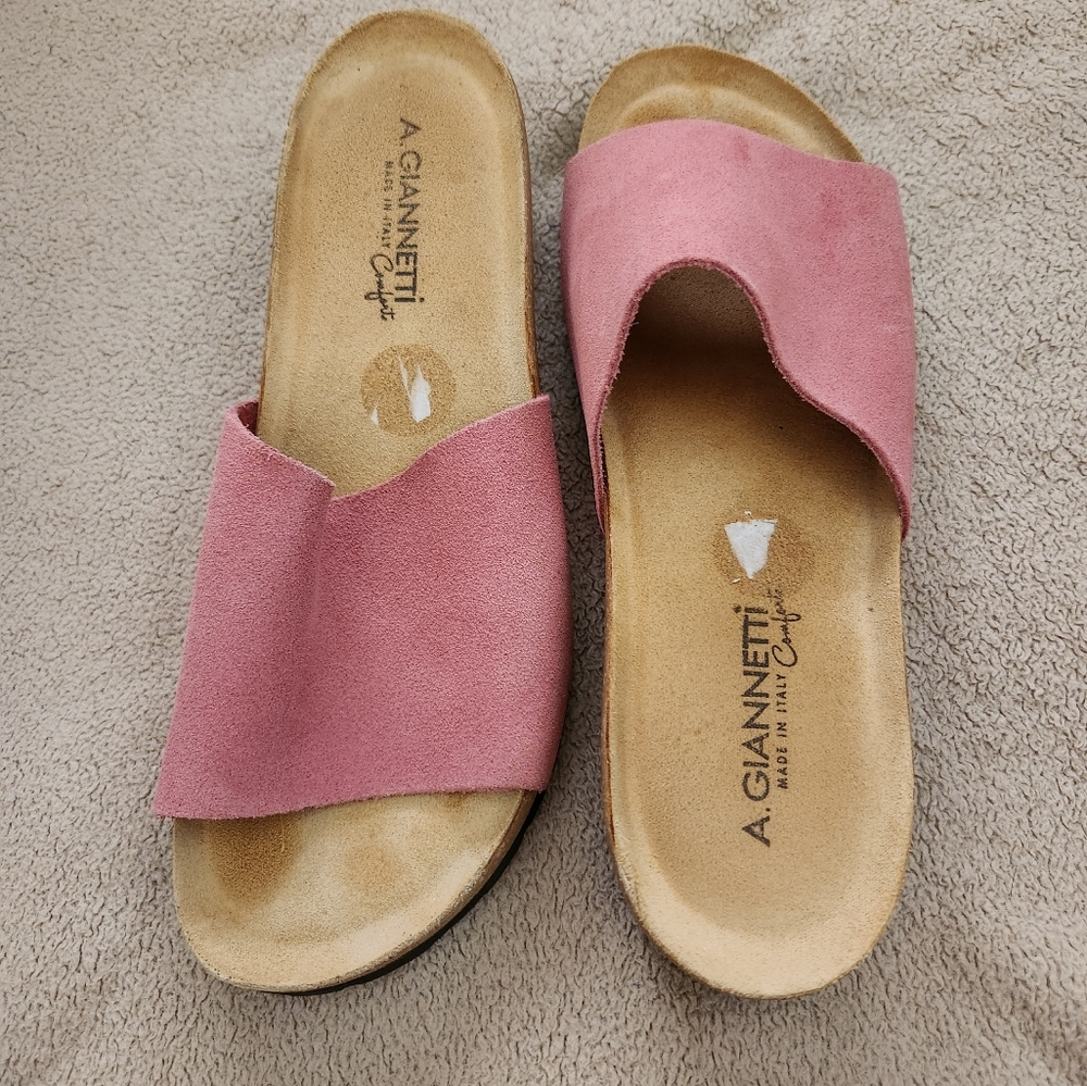 A Giannetti Leather Wedge Cork Slides Sandals Mauve Womens 9 Made In Italy